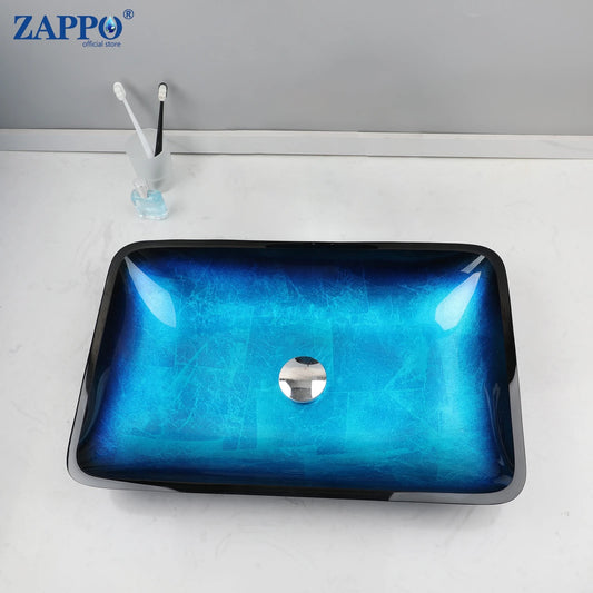 ZAPPO Tempered Glass Vessel Sink With Waterfall Faucet Blue