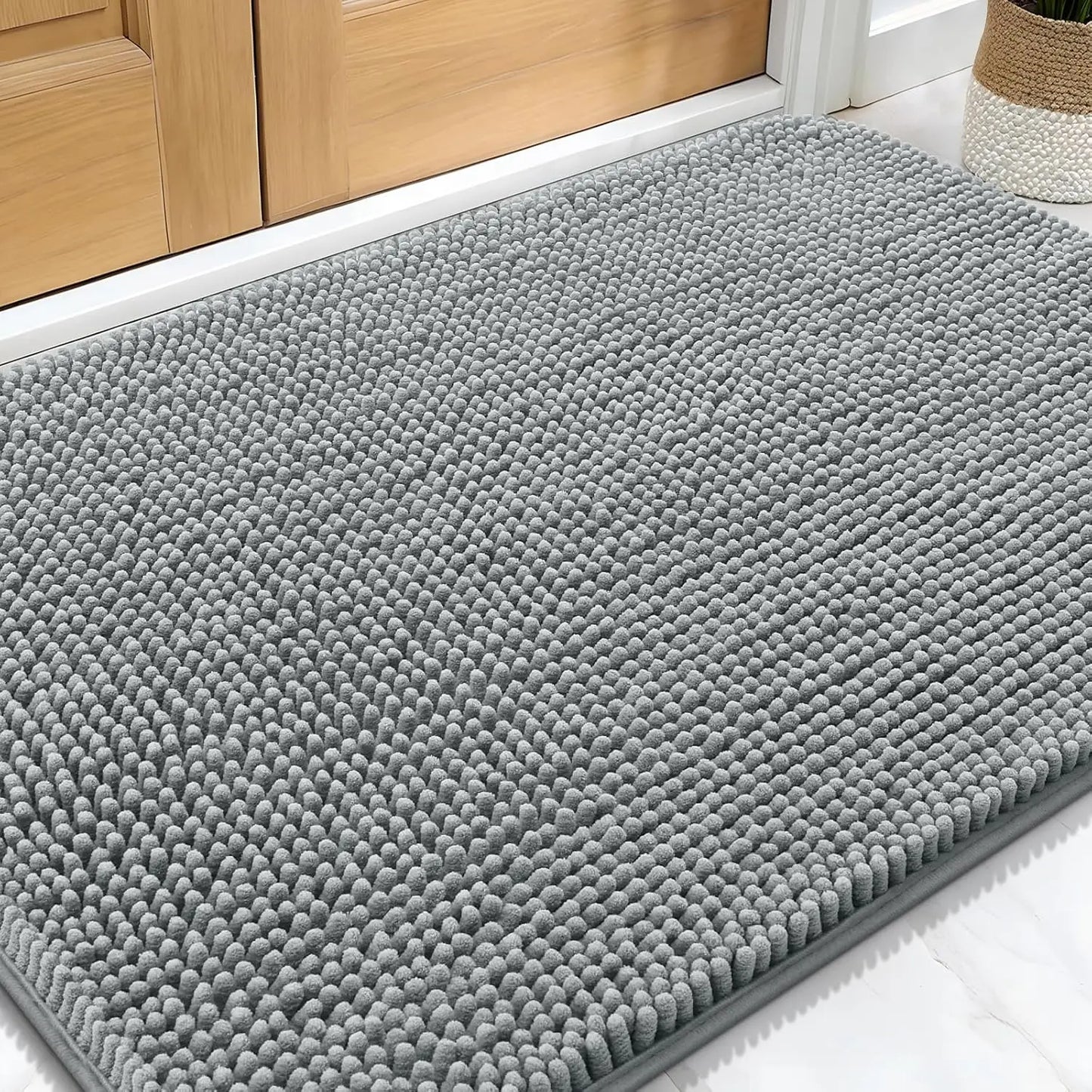 Soft Chenille Dog Door Mat 30x20 Absorbent Non Slip Washable Grey