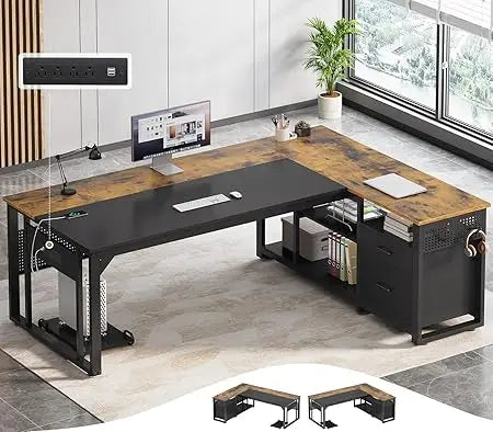 71 Inch Executive Desk With Power Outlets L Shaped Storage