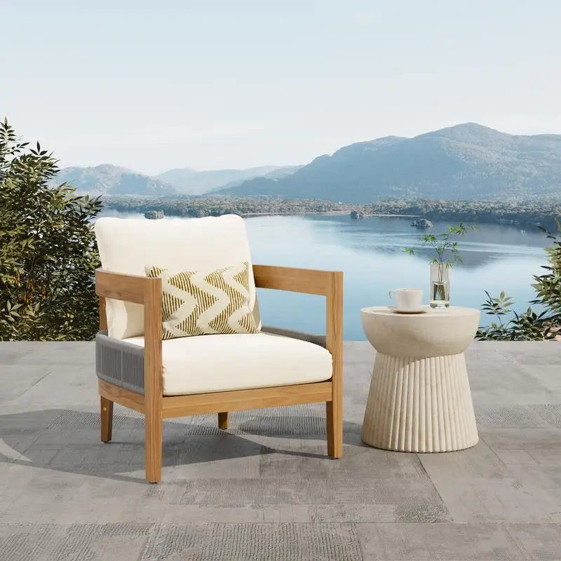 Porto Outdoor Chair And Travertine Side Table Set In Teak Beige Finish