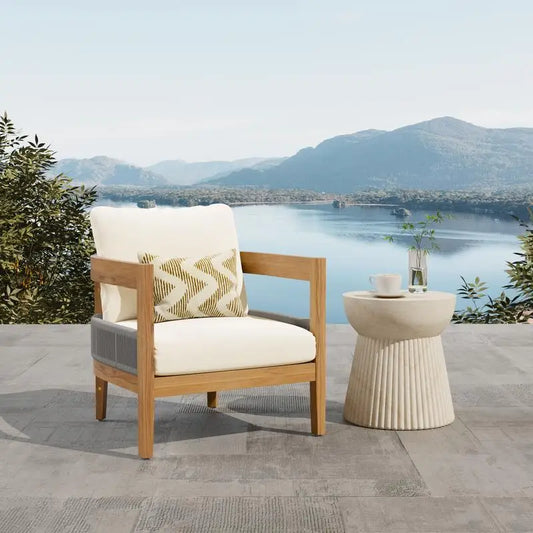 Porto Outdoor Chair And Travertine Side Table Set In Teak Beige Finish