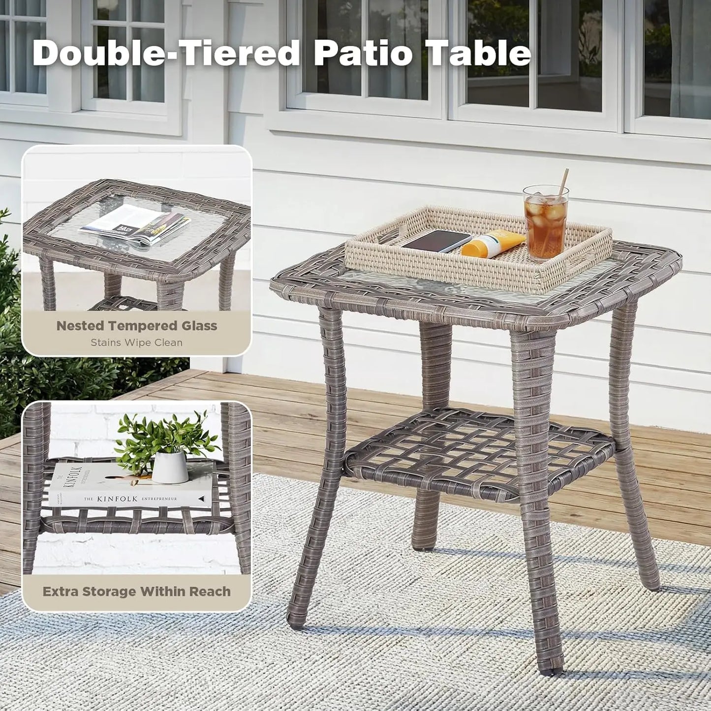 Swivel Rocker Wicker Chairs And Side Table Set All Weather Outdoor 3 Piece Beige