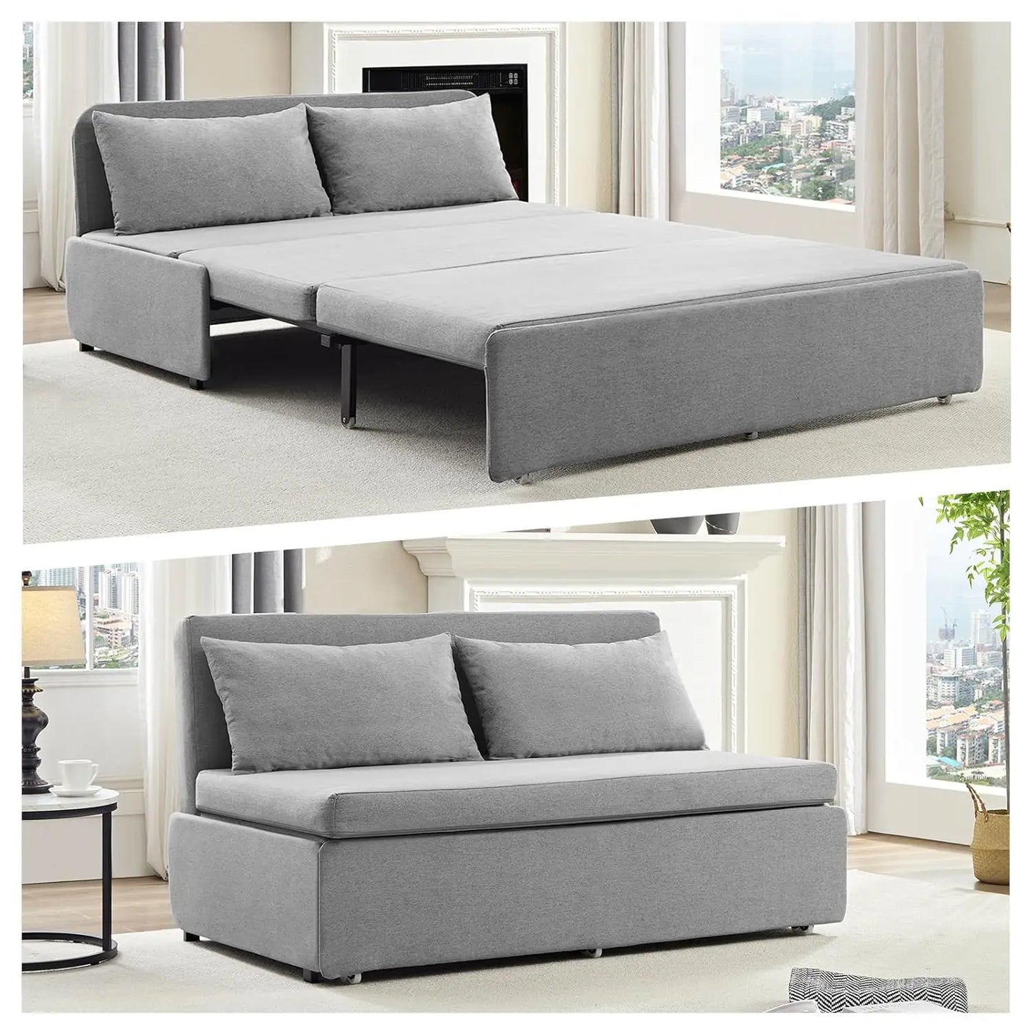 Queen Size Pull Out Sofa Bed Linen Convertible Couch With 2 Pillows For Guests