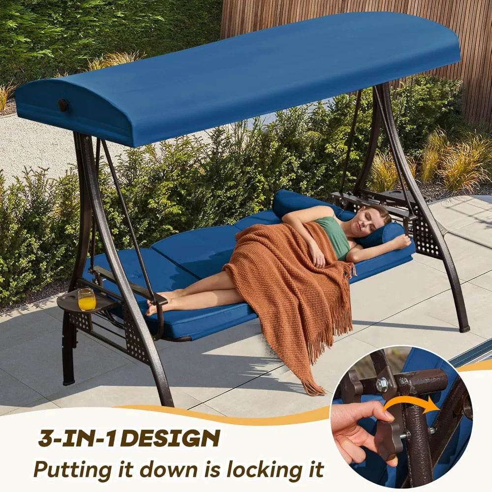 3 in 1 Outdoor Porch Swing With Adjustable Canopy 3-Seat Thick Cushions Pillows Cup Holders Heavy Duty Alloy Steel Frame 750 Lb Capacity