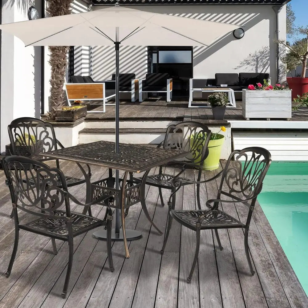 Bronze Aluminum Outdoor Patio Dining Set With 4 Chairs And Umbrella Table