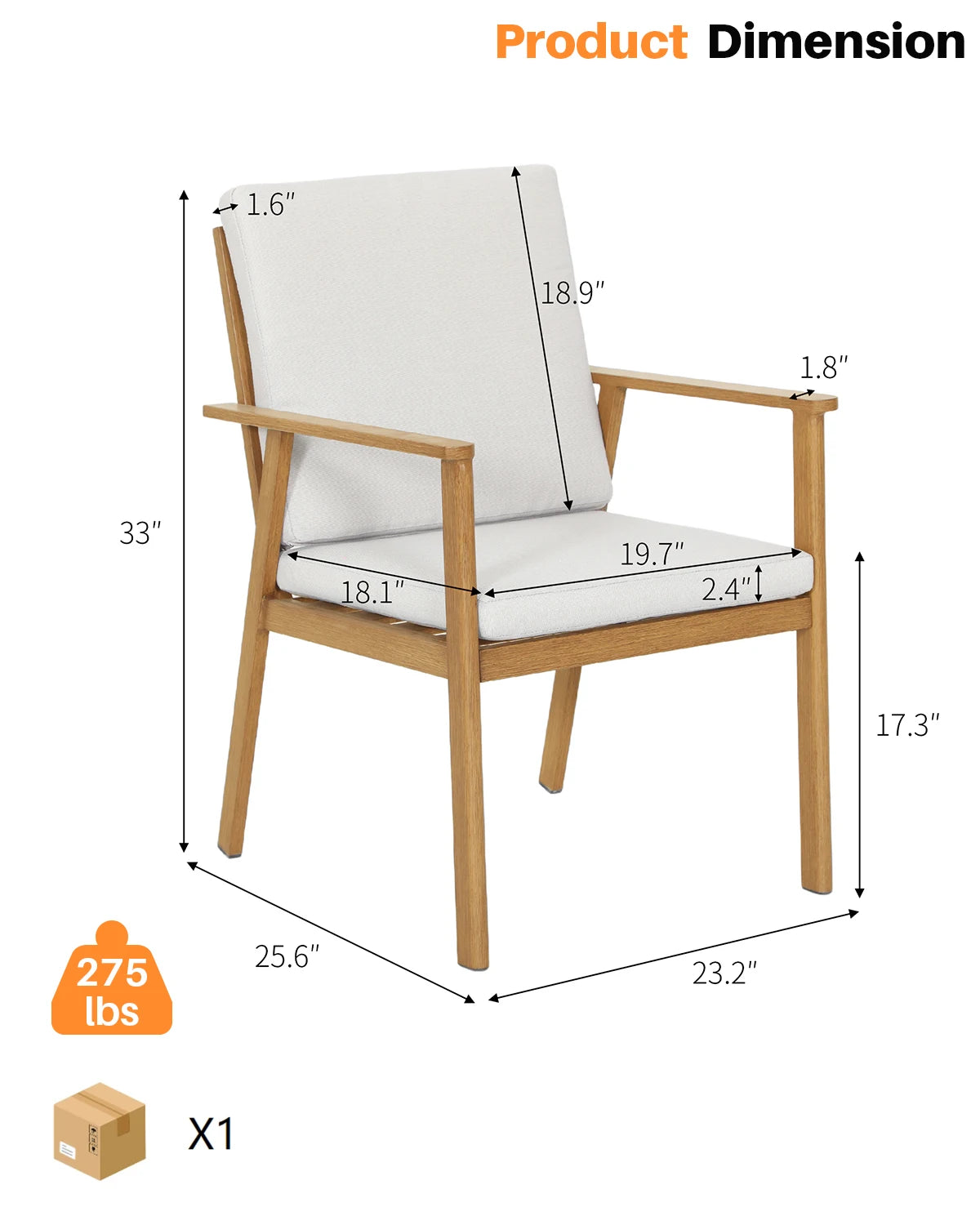 SeeHill Outdoor Patio Dining Chair Set 2 Cushions Aluminum Teak Garden Furniture