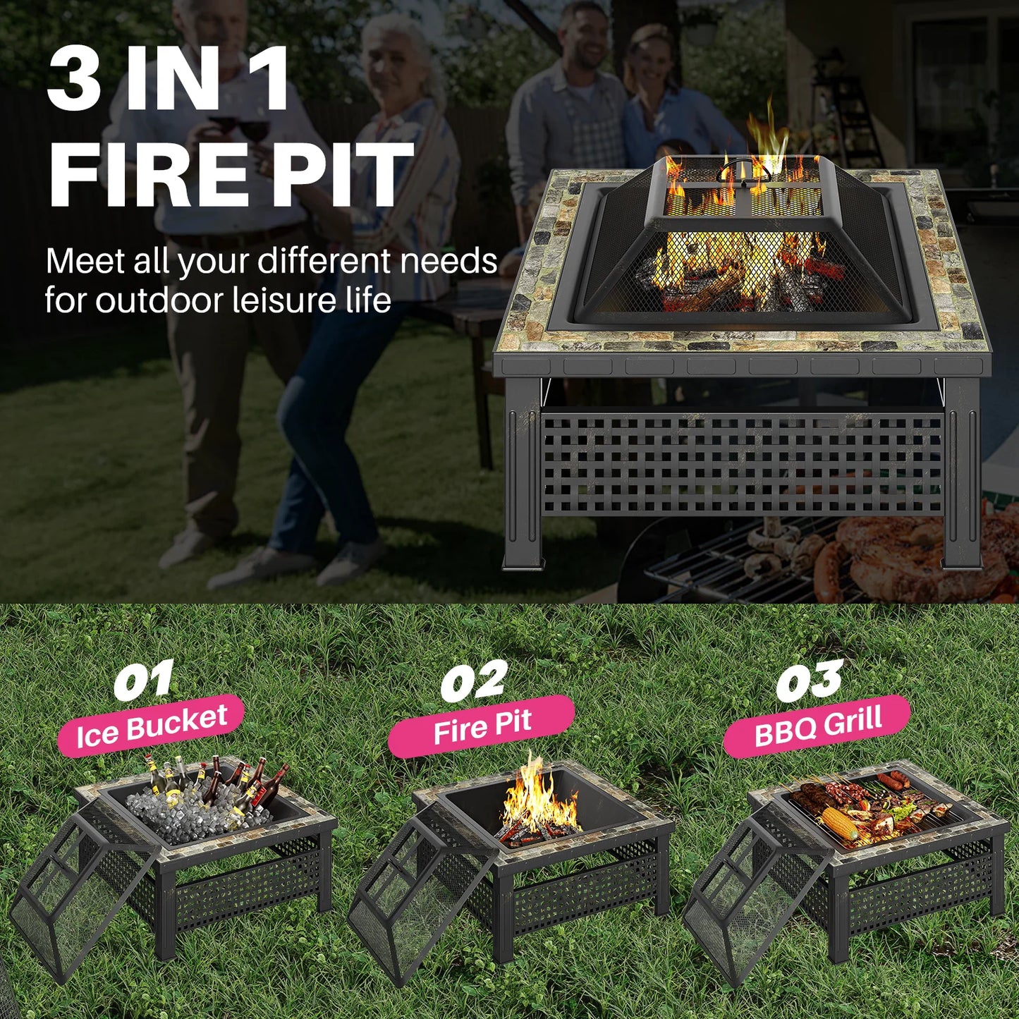 30 Inch Fire Pit Square Outdoor Table Mesh Lid Fire Poker