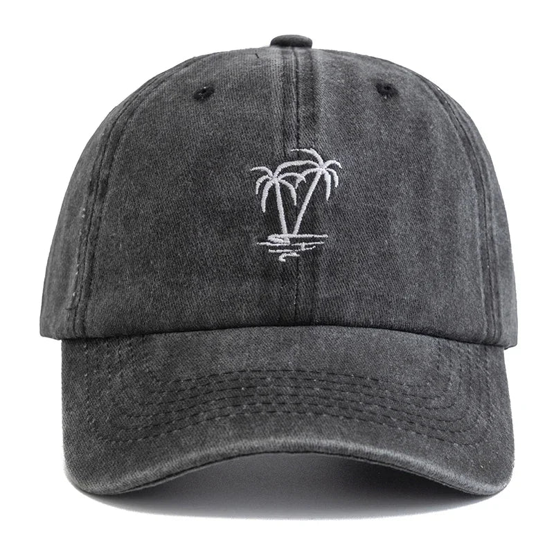 Washed Cotton Cap With Coconut Tree Embroidery Unisex Vintage Baseball Hat