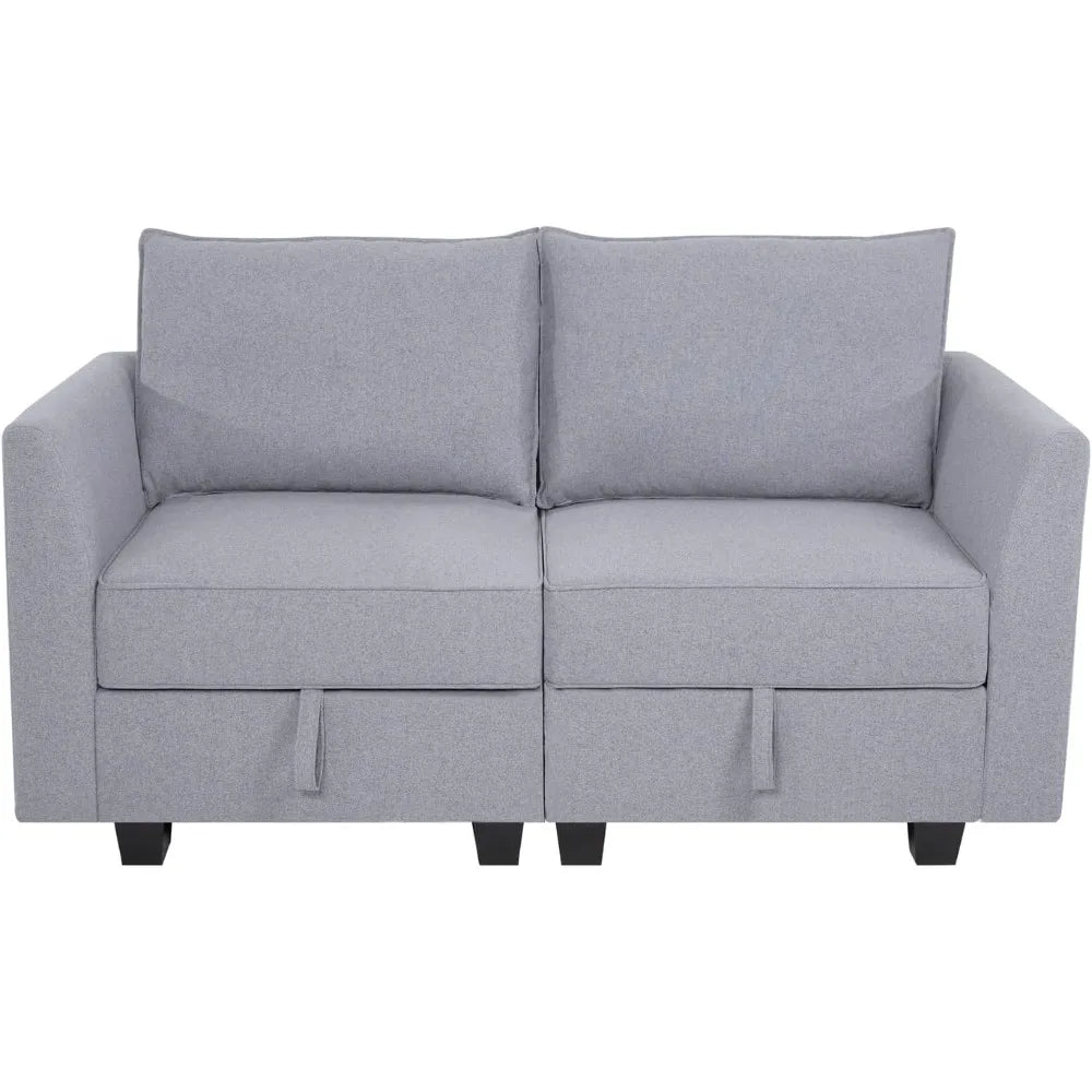 Grey Linen Modular Loveseat Sofa Bed With Extendable Wood Frame
