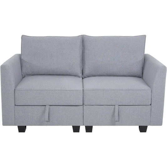 Grey Linen Modular Loveseat Sofa Bed With Extendable Wood Frame