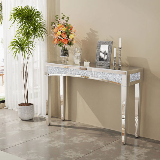 Mirrored Desk Silver Console Table With Crystal Inlay