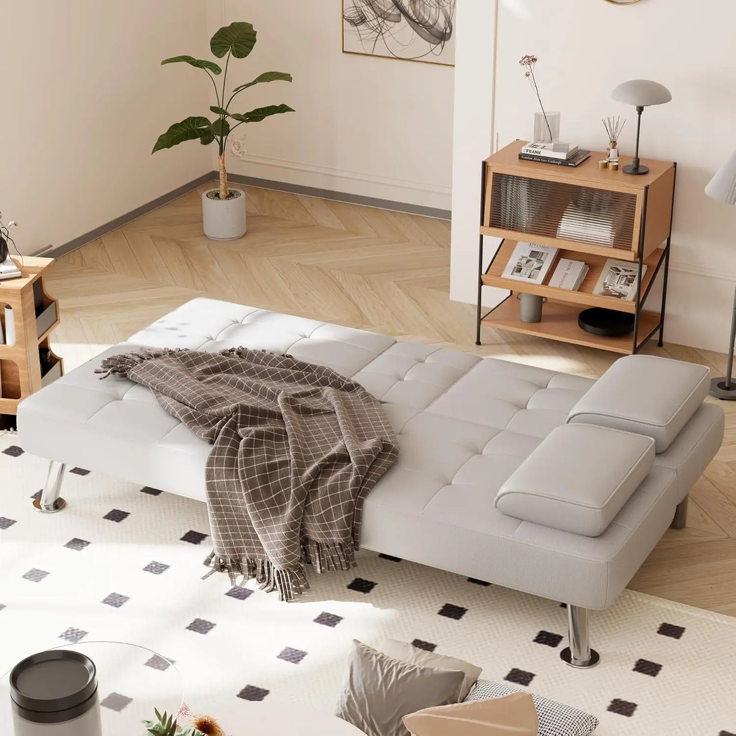 Folding Futon Sofa Bed For Living Room Faux Leather Upholstered Loveseat