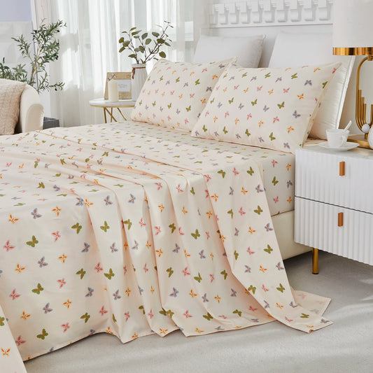 4 Piece 600 TC 100 Percent Egyptian Cotton Fitted Sheet Set Colorful Butterfly Shabby Chic Soft and Skin Friendly