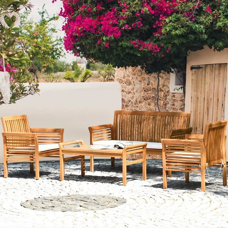 4 Piece Outdoor Acacia Wood Sofa Set With Water Resistant Cushions And Table