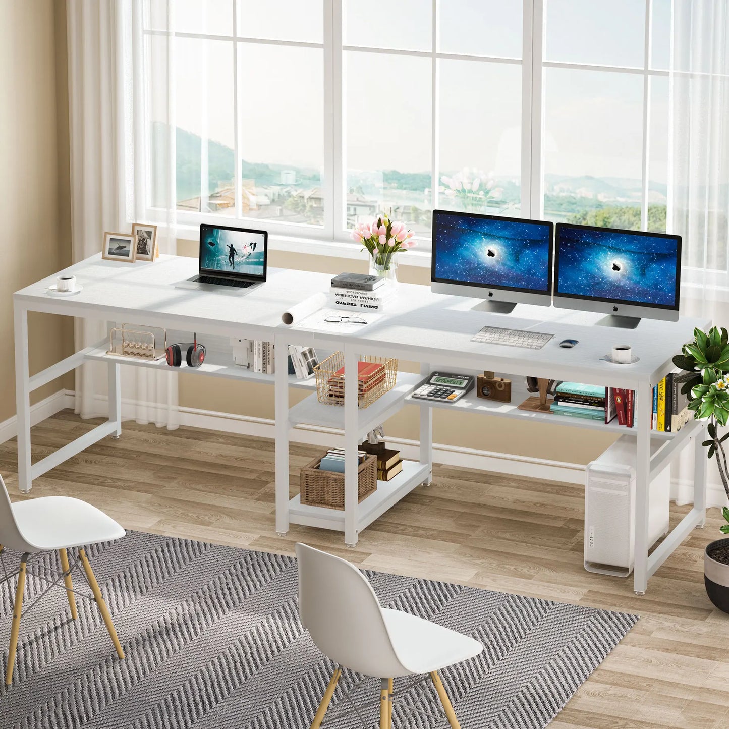 Tribesigns Two Person Desk With Bookshelf 78.7 Inch Rustic Double Computer Desk