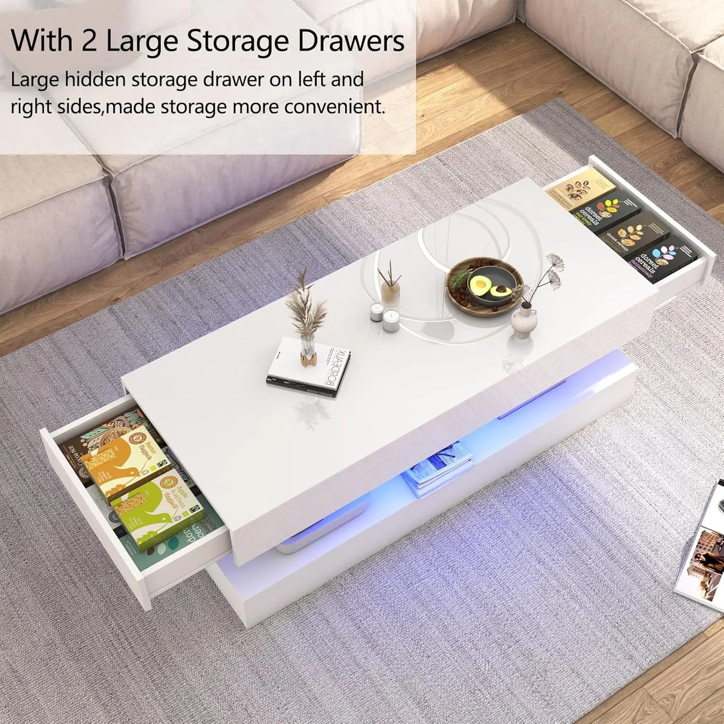 Modern Coffee Table With LED Lights And Storage Drawers
