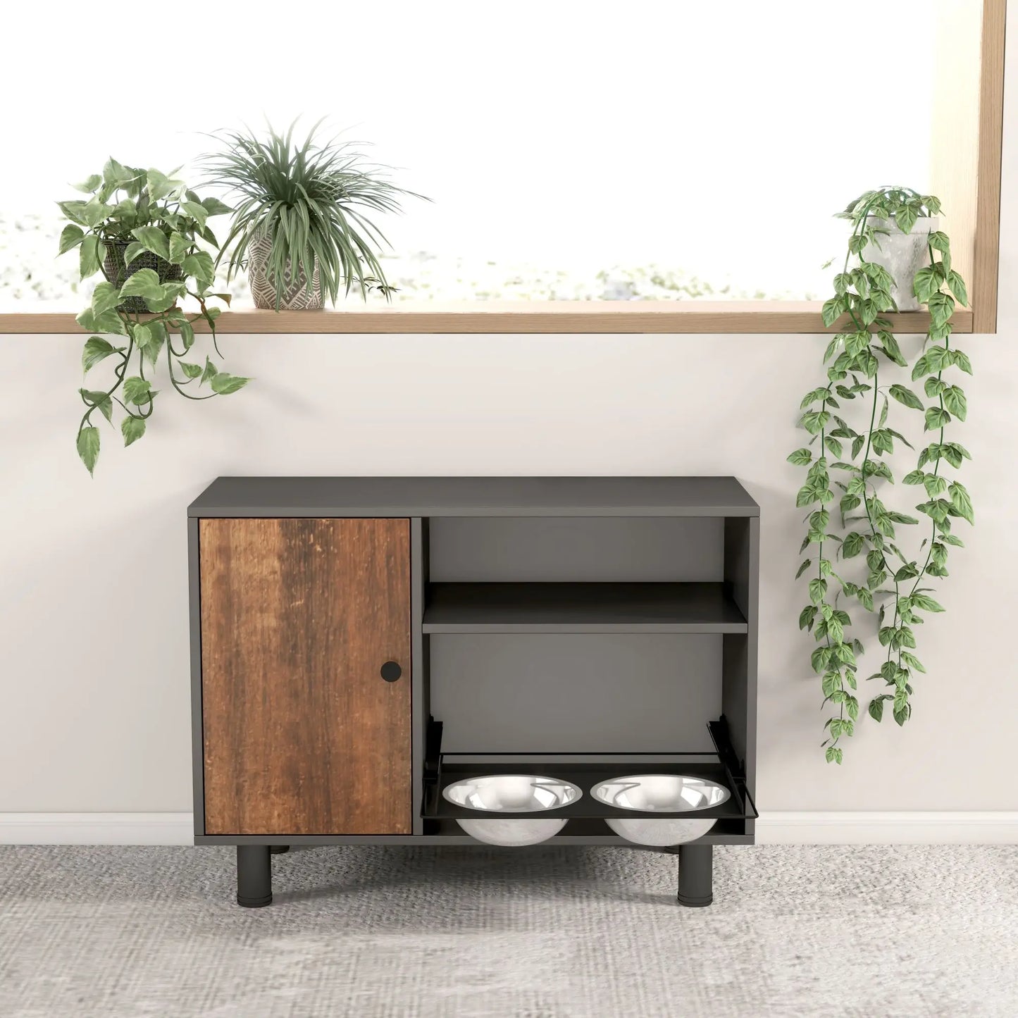 Wooden Pet Feeding Table With Food Storage Cabinet And Double Pullout Bowls