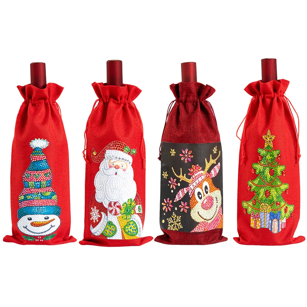Christmas Diamond Art Wine Gift Bag Drawstring Bottle Cover