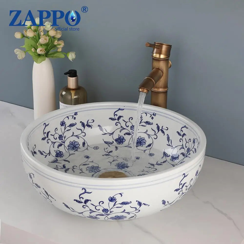 Hand Painted Ceramic Round Bathroom Basin Sink With Faucet