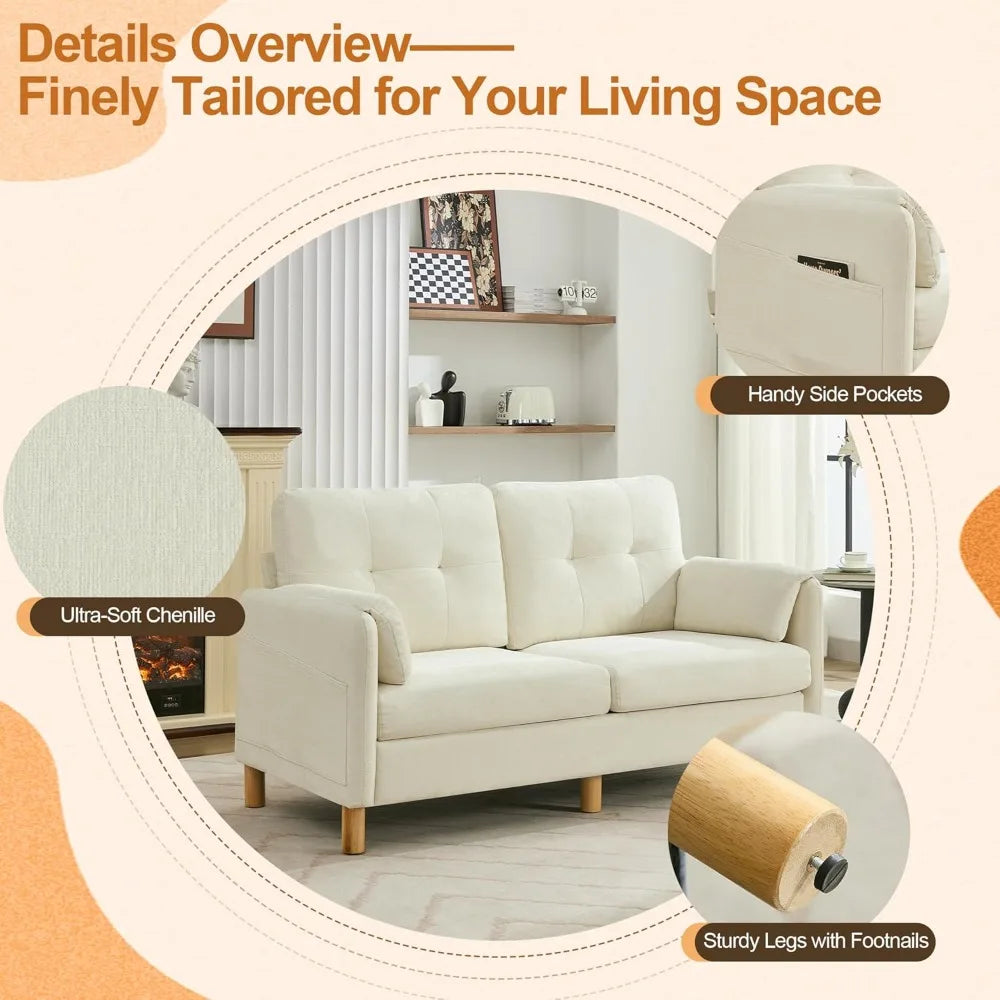 Chenille Loveseat Sofa Modern 2 Seater with Armrest Pillows and Storage Pockets