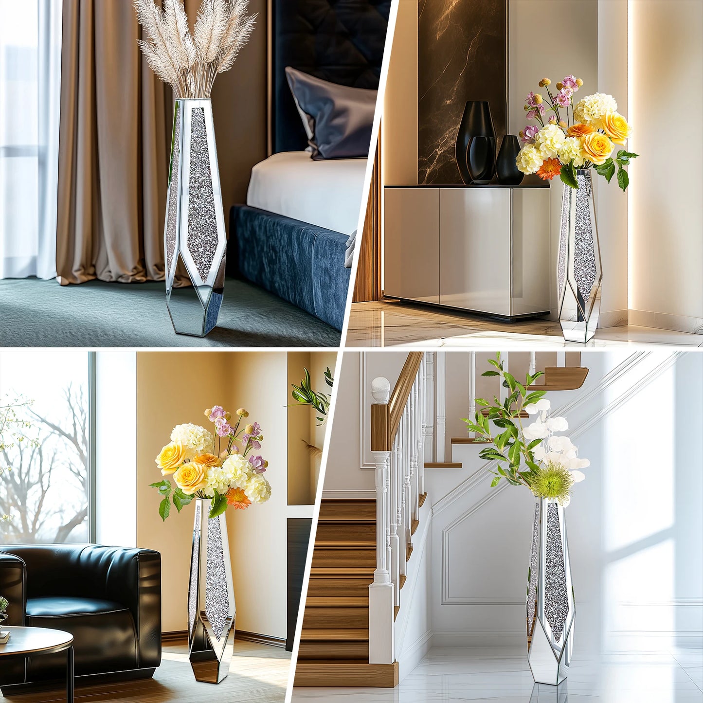 Tall Floor Mirror Vase Large Crushed Diamond Glass Vase for Home Decor Modern Crystal Centerpiece for Living Room Wedding Hotel