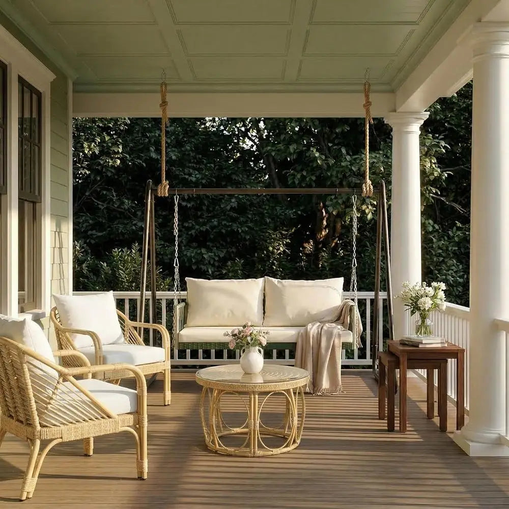 All-Weather Upholstered Porch Swing With Steel Chains For Patio Garden White