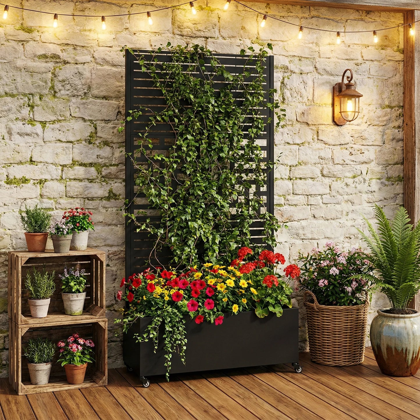 Metal Planter Box With Trellis And Wheels For Climbing Vines Outdoor Garden