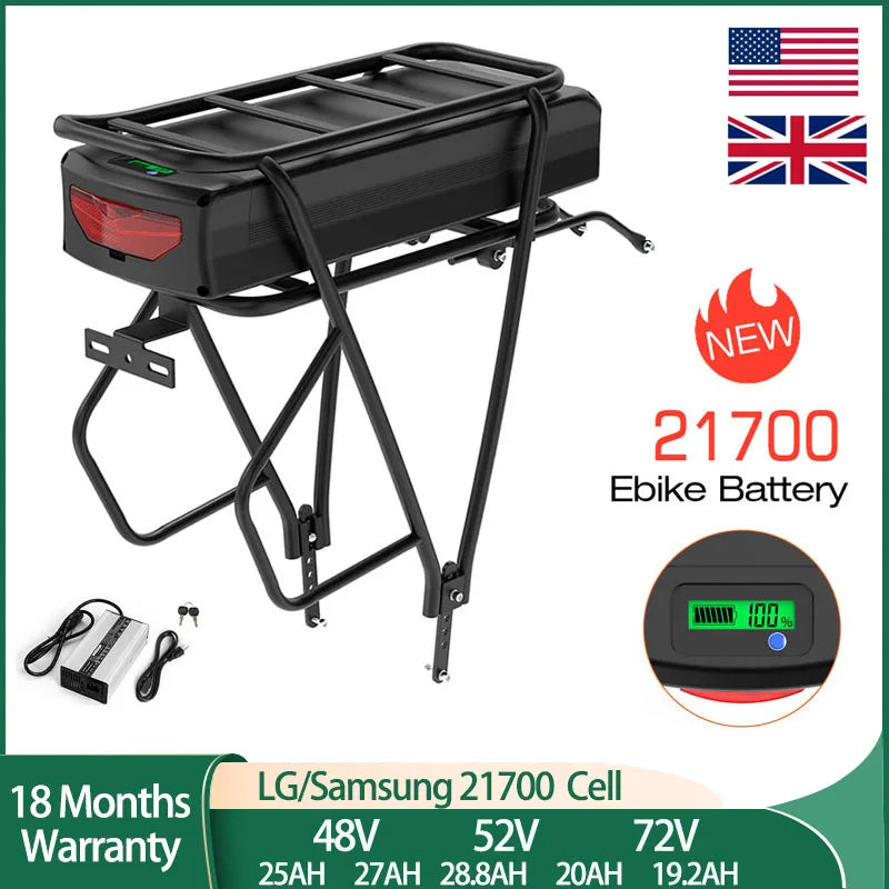 48V Rear Rack Ebike Battery 21700 Lithium Pack Luggage Rack