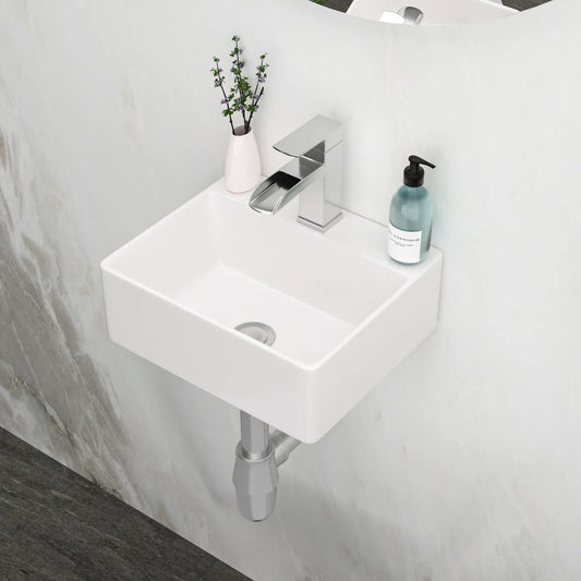 White Ceramic Rectangular Wall Mount Sink With Faucet Hole