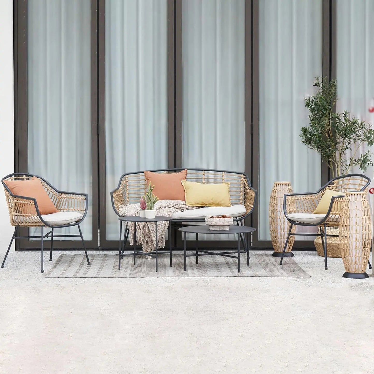 Outdoor Wicker Patio Conversation Set With Cushions And Coffee Tables Boho Style