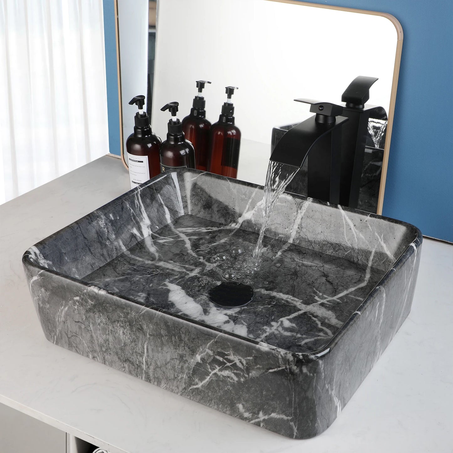 ZAPPO Black Rectangular Vessel Sink with Faucet and Drain