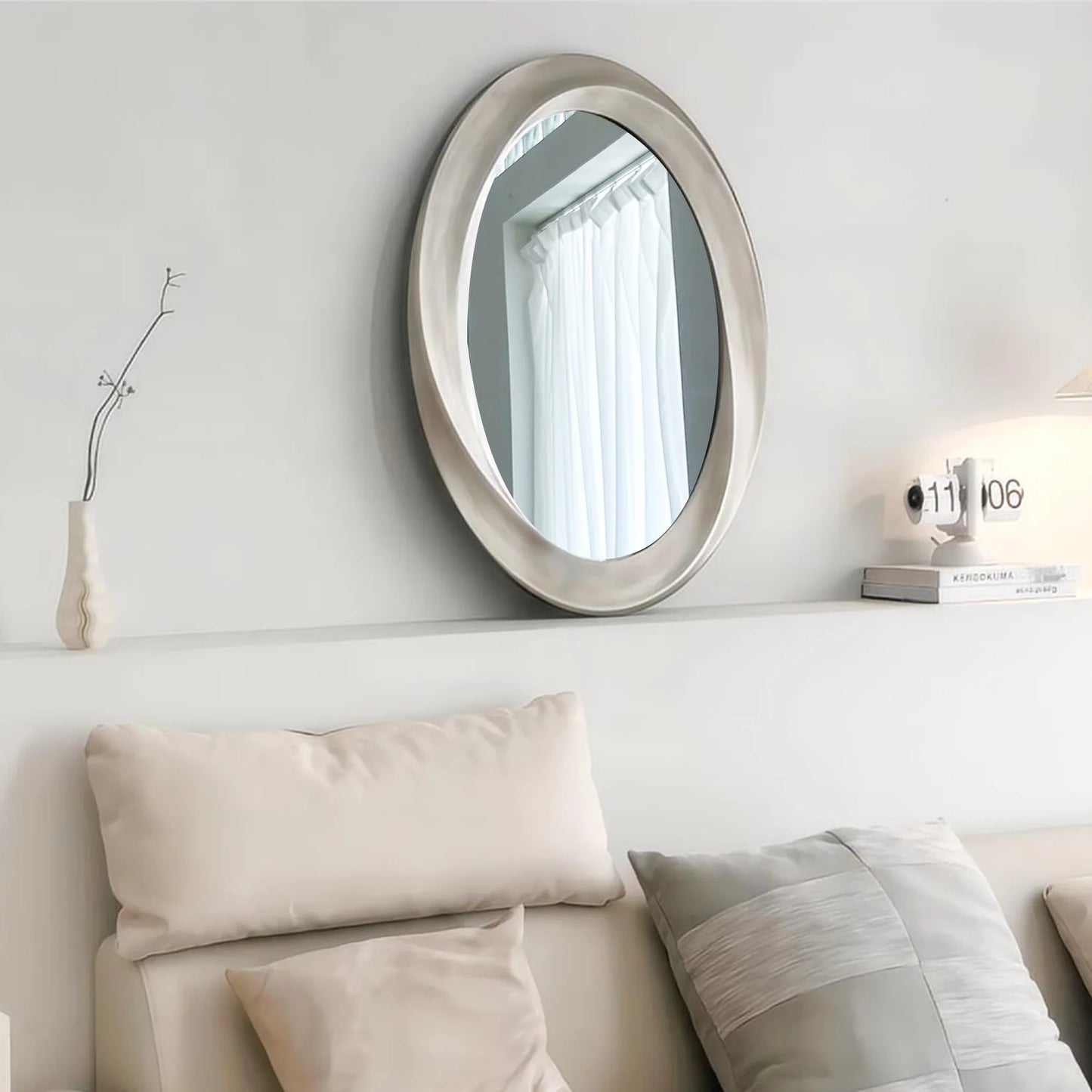 Large Oval Baroque Wall Mirror Silver Glass Vanity with Brass Edge Frame for Modern Minimalist Home Decor 32x24 Inch