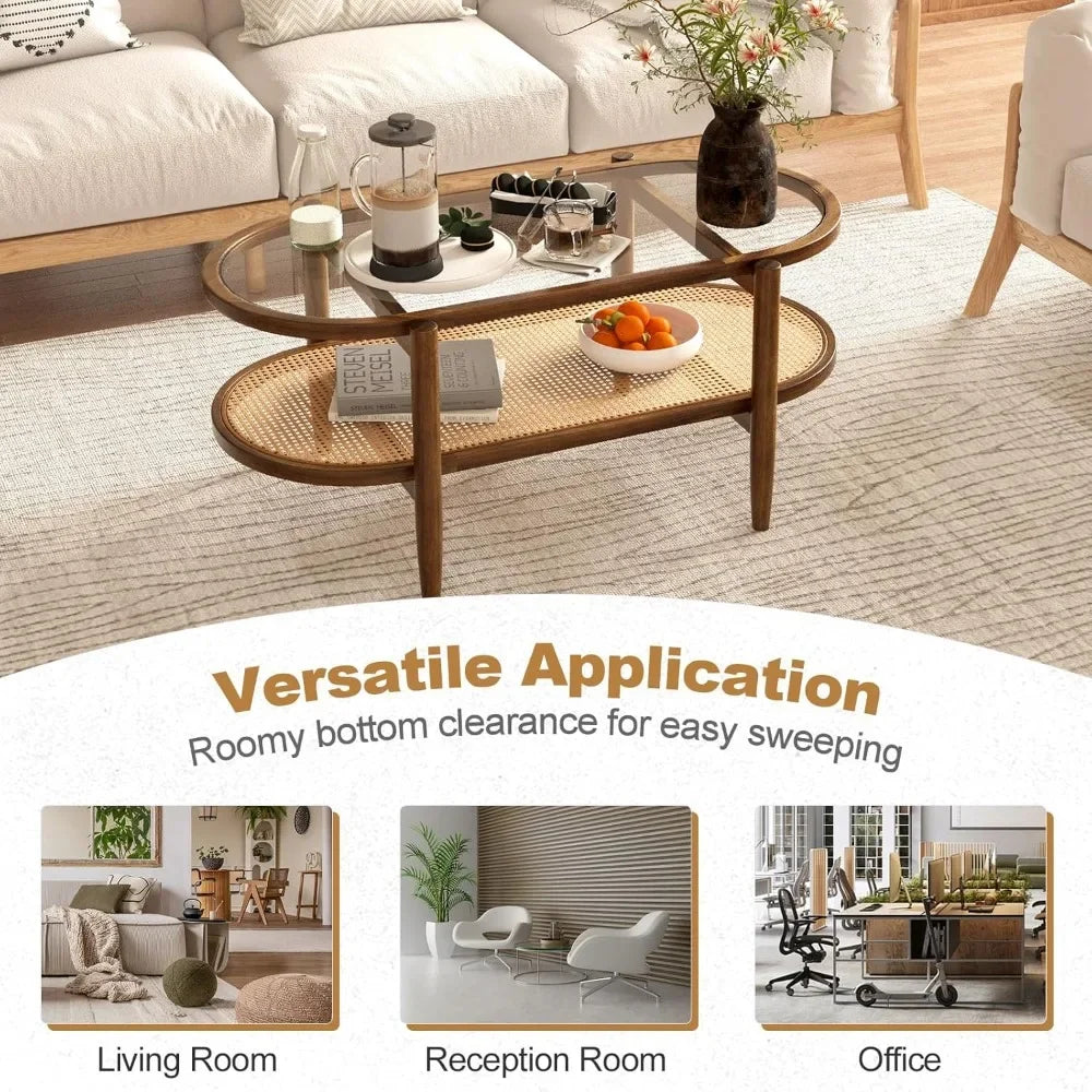 Rattan Coffee Table 2 Tier Acacia Wood With Glass Top Shelf