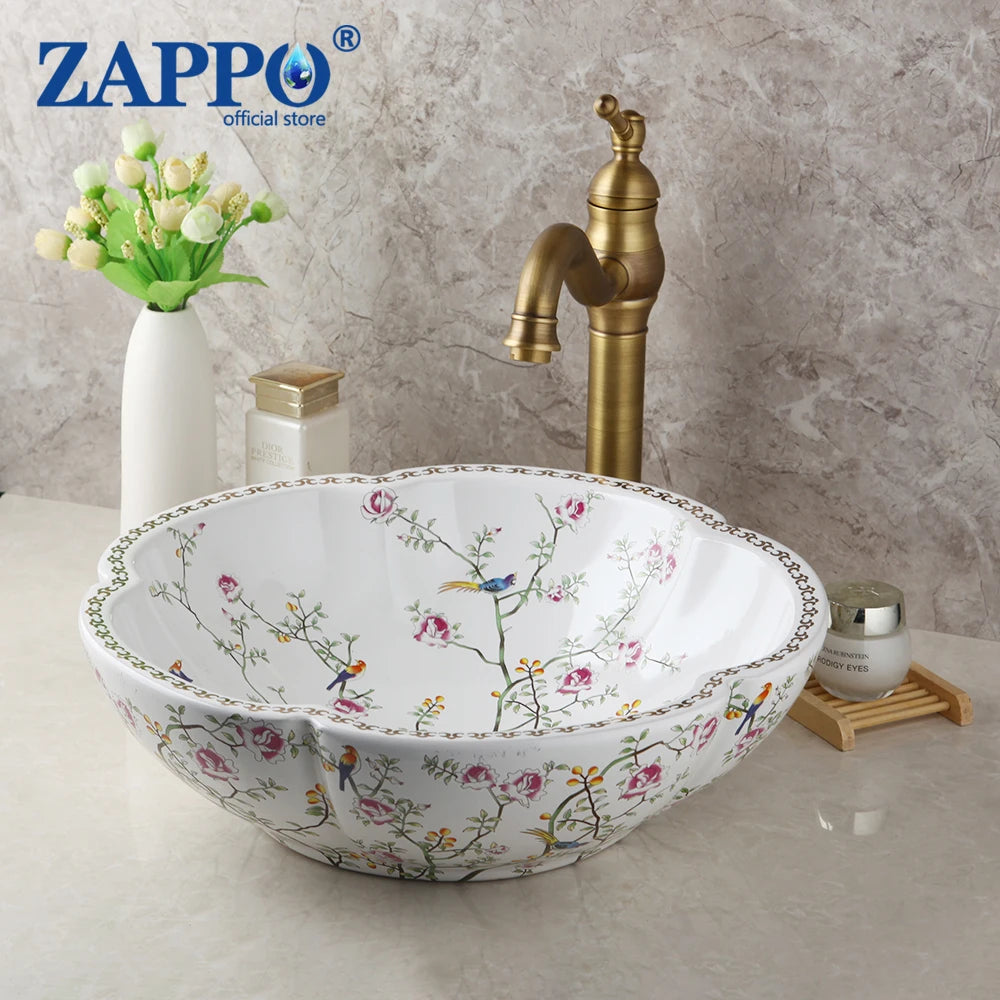 ZAPPO Ceramic Sink Above Counter Round Petal Pattern Faucet