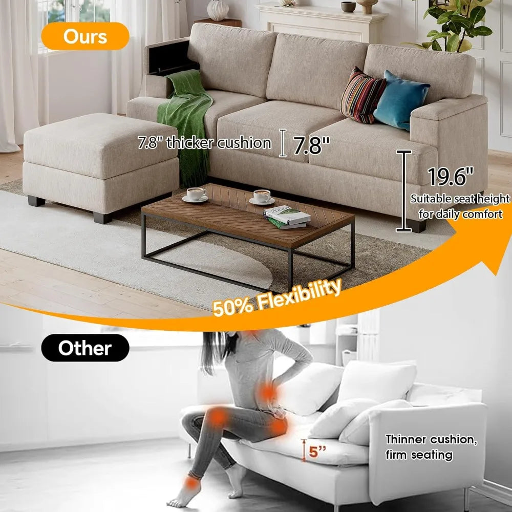 85 Inch L Shaped Couch With Movable Ottoman Chenille Sectional Sofa