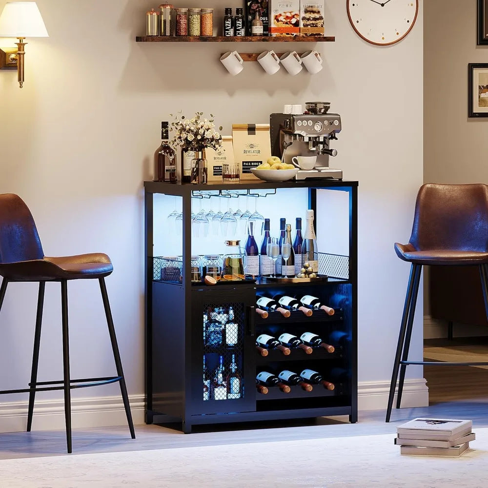 3 Tier Wine Bar Cabinet With Led Lights And Glass Holder