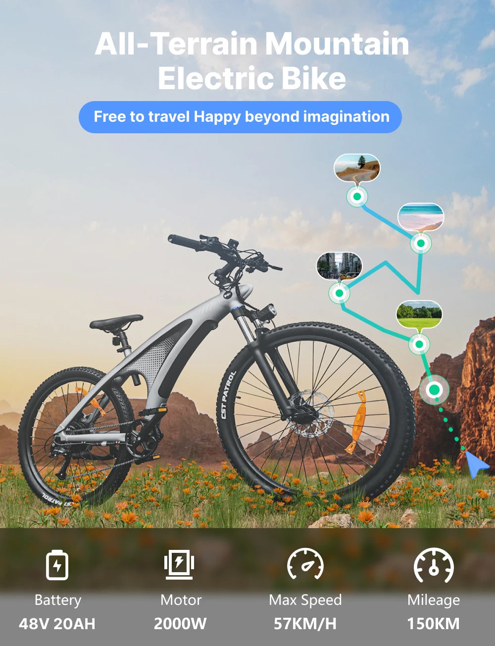 HX Q5 2000W Electric Mountain E Bike 48V 20Ah Off Road
