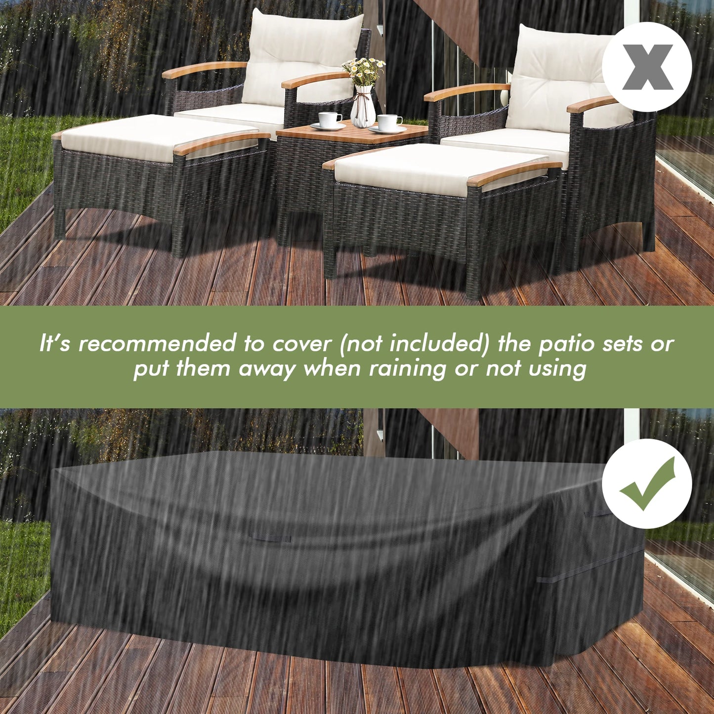 5 Piece Patio Rattan Furniture Set Sofa Ottoman Cushioned Table With Wood Top