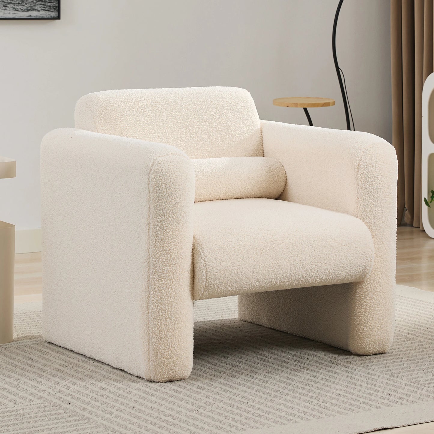 Modern Accent Chair Lambskin Sherpa Upholstered Reading Armchair With Pillow