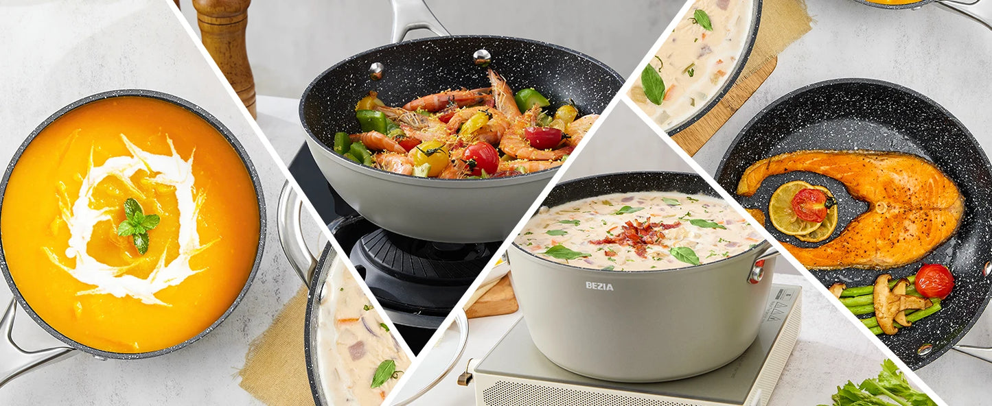 Induction Cookware Nonstick 10 Piece BEZIA Pots and Pans Set for Induction Cooktop Compatible with All Stoves