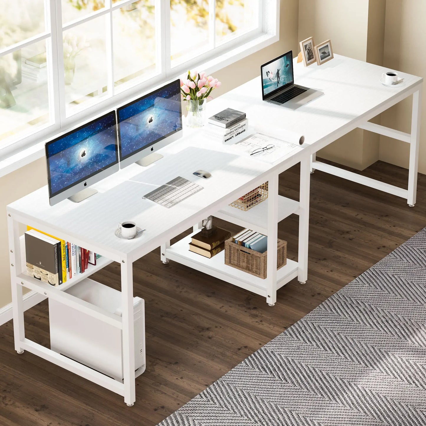 Tribesigns Two Person Desk With Bookshelf 78.7 Inch Rustic Double Computer Desk