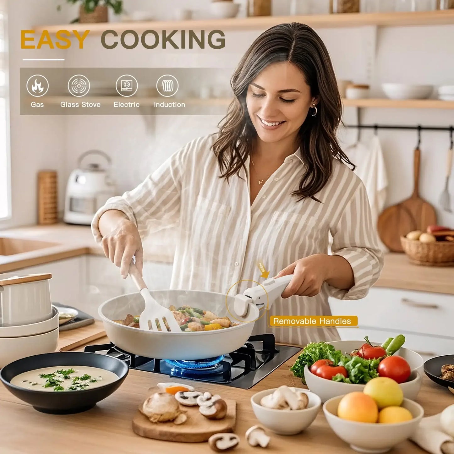 20 Piece Non Stick Ceramic Pots and Pans Set with Detachable Handle Oven Safe Induction Ready Stackable RV Kitchen Cooking Set Cream White