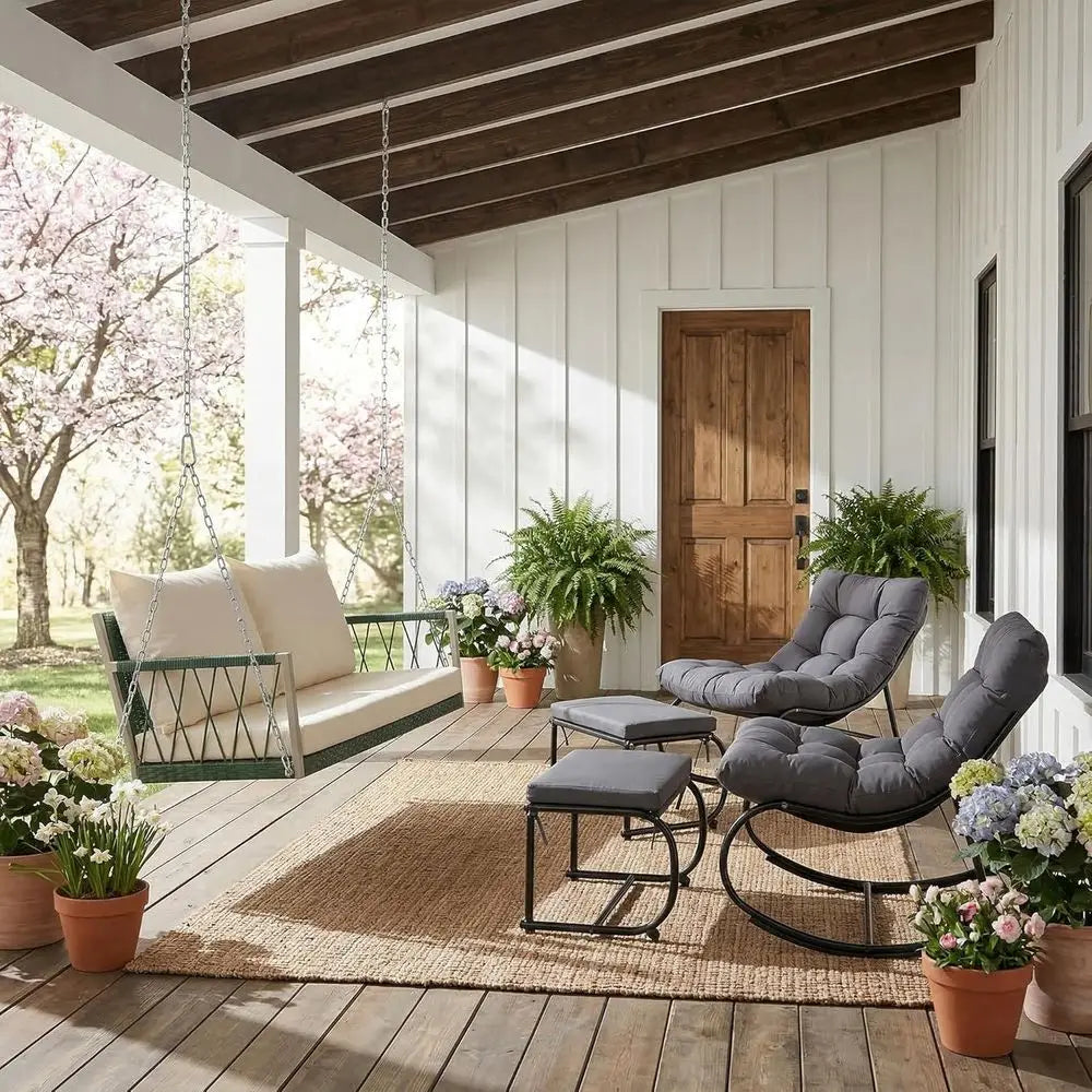 All-Weather Upholstered Porch Swing With Steel Chains For Patio Garden White