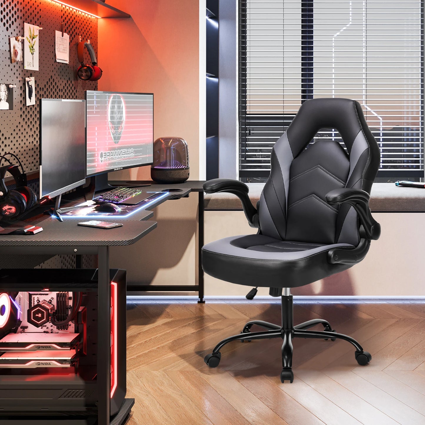 Ergonomic PU Leather Gaming Chair With Adjustable Flip Up Armrests For Office