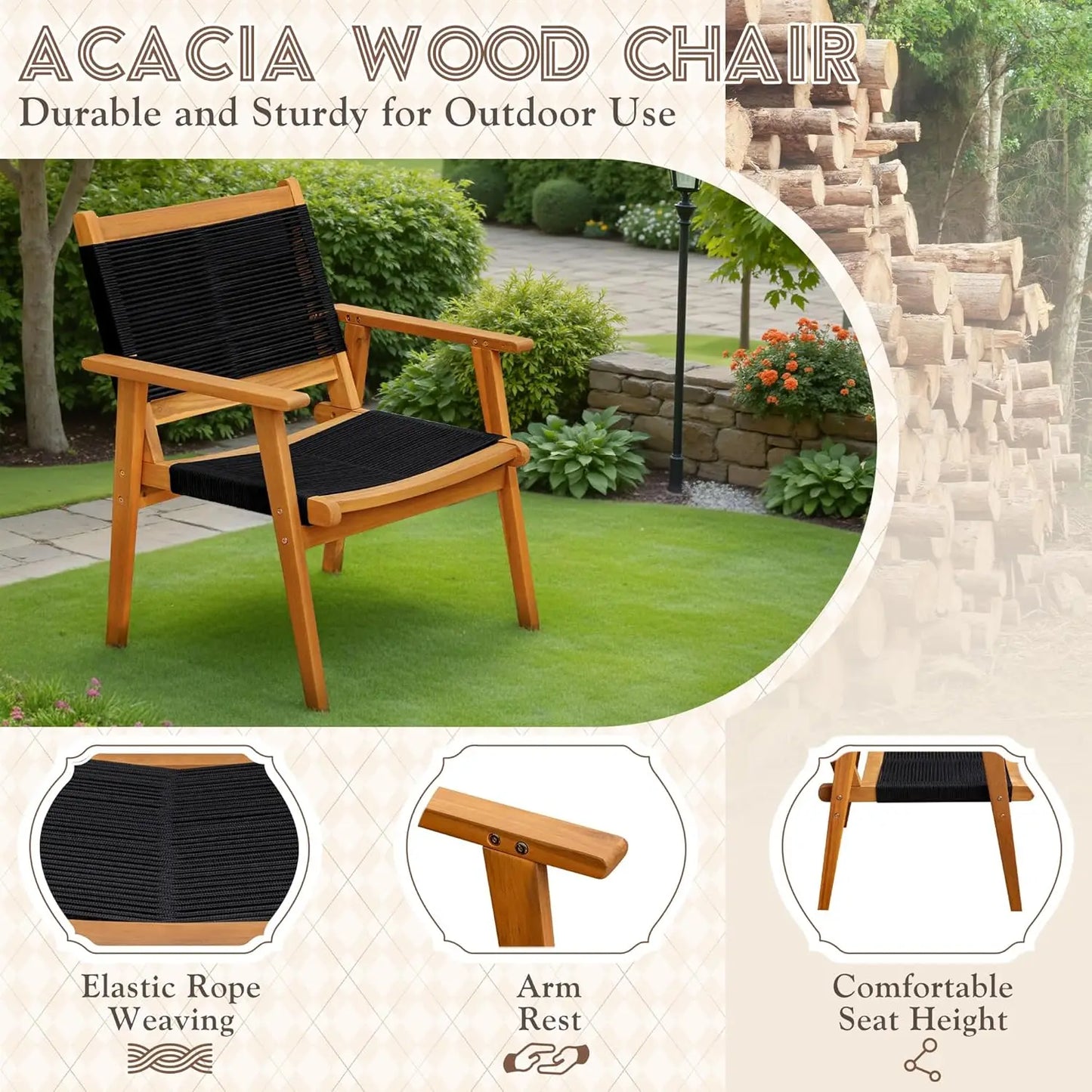 Four Piece Acacia Wood Patio Conversation Set With Hand Woven Rope Seats Outdoor