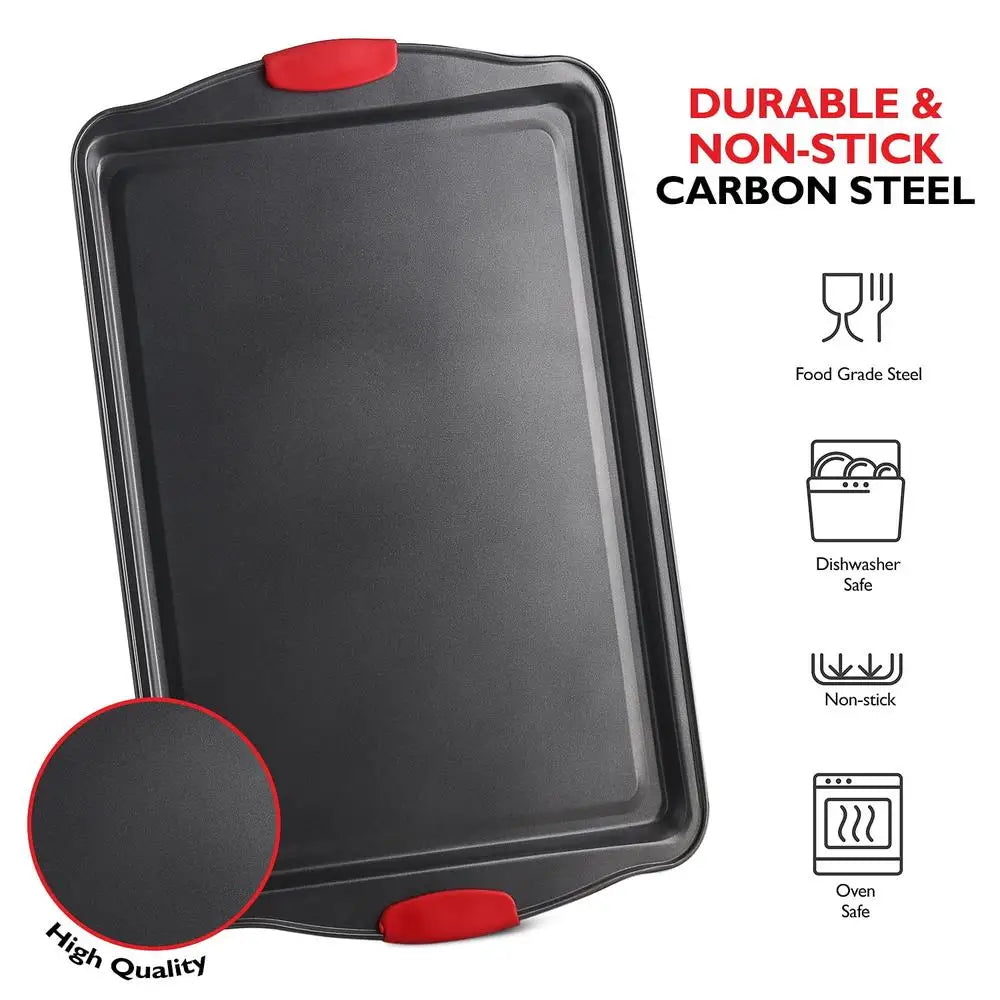 Nonstick Carbon Steel Bakeware Set 15 Piece Kitchen Baking Tray Silicone Handles Oven Safe Cookie Sheets Muffins Loaf Pan