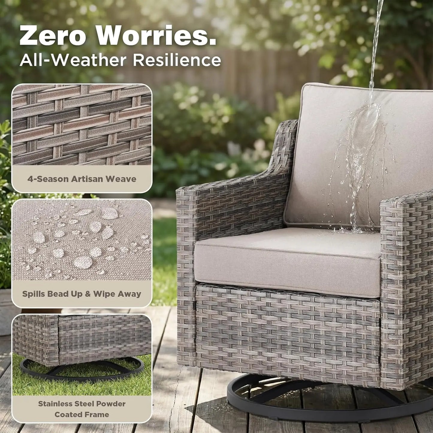 Swivel Rocker Wicker Chairs And Side Table Set All Weather Outdoor 3 Piece Beige