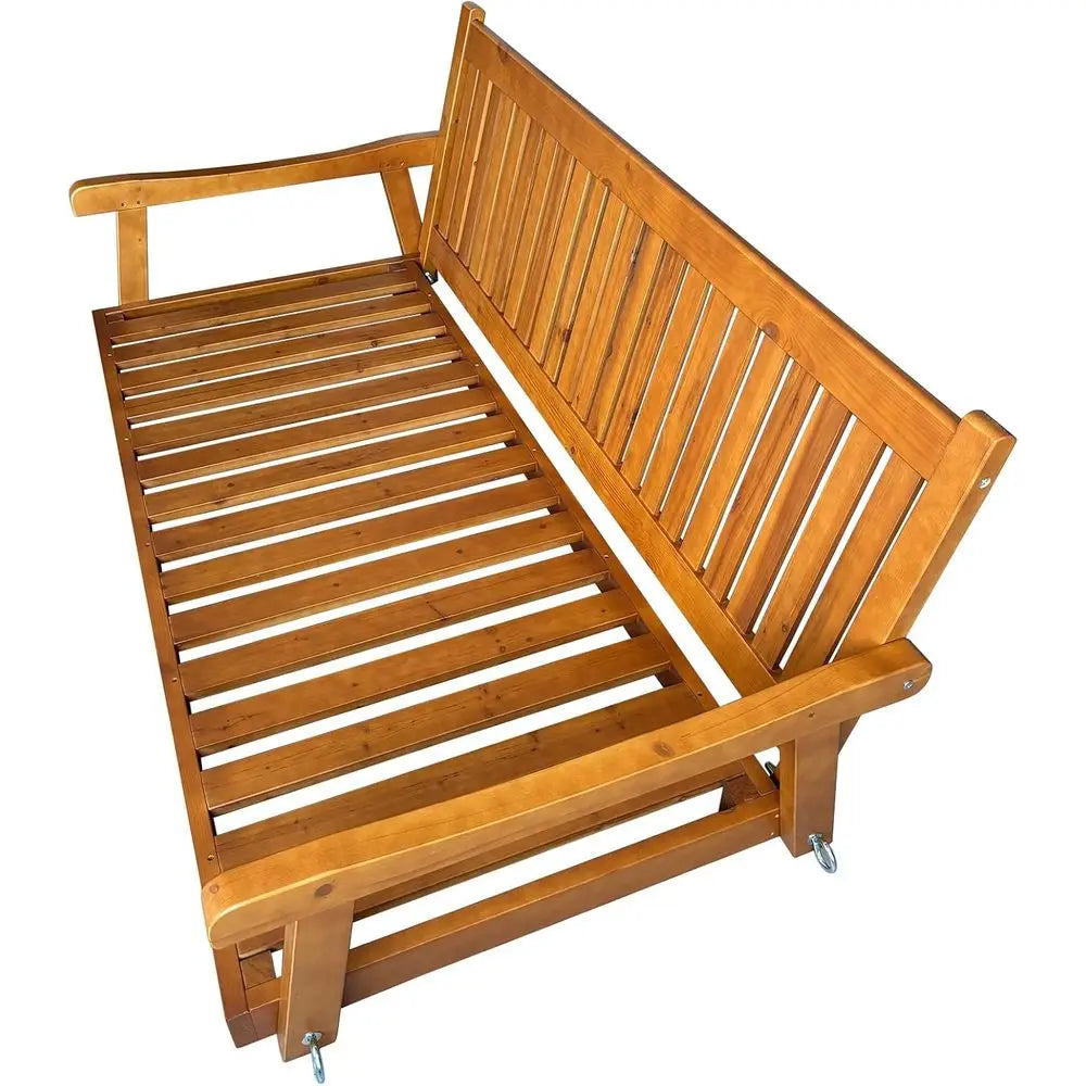 Teak Tone Porch Swing Bed With Cushion For Outdoor Patio Or Porch