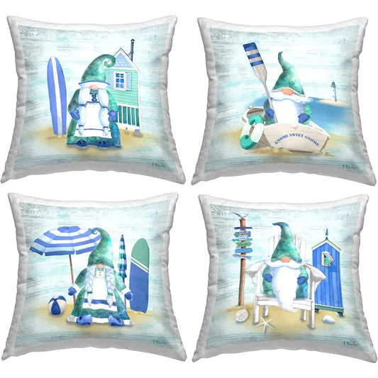 Blue Coastal Gnome Nautical Beach Activities Throw Pillow Set of 4 18 x 18 Inches
