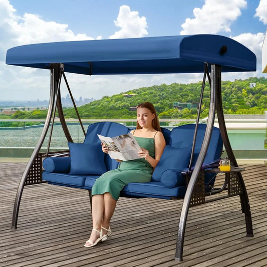 3 in 1 Outdoor Porch Swing With Adjustable Canopy 3-Seat Thick Cushions Pillows Cup Holders Heavy Duty Alloy Steel Frame 750 Lb Capacity